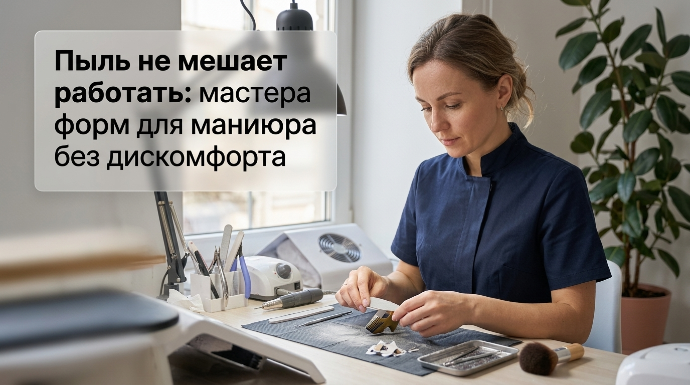 Мастер по маникюру работает с формами для ногтей в условиях минимального дискомфорта от пыли