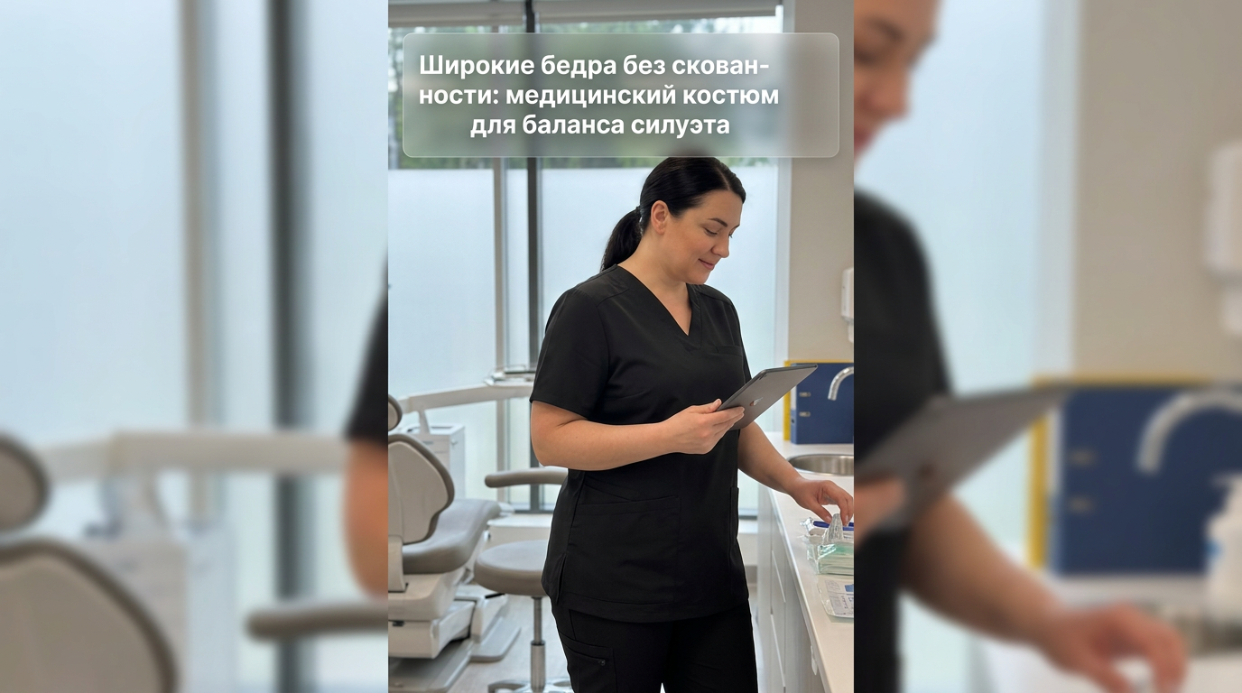 Медицинский костюм, визуально уравновешивающий силуэт при широких бедрах, с удобной посадкой и свободой движений