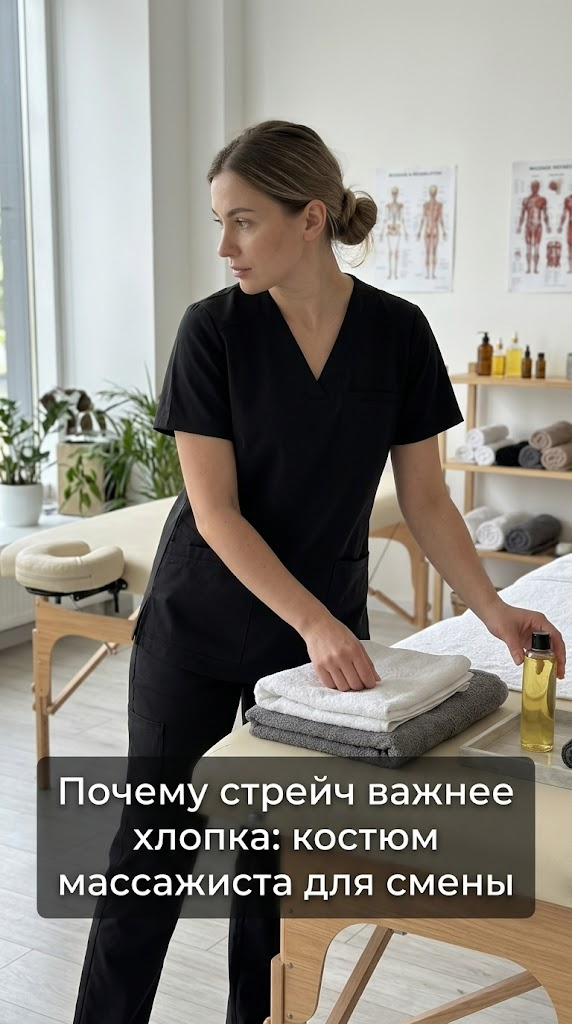 Массажист в удобном стрейч-костюме для смены, показывающем преимущество эластичной ткани над хлопком