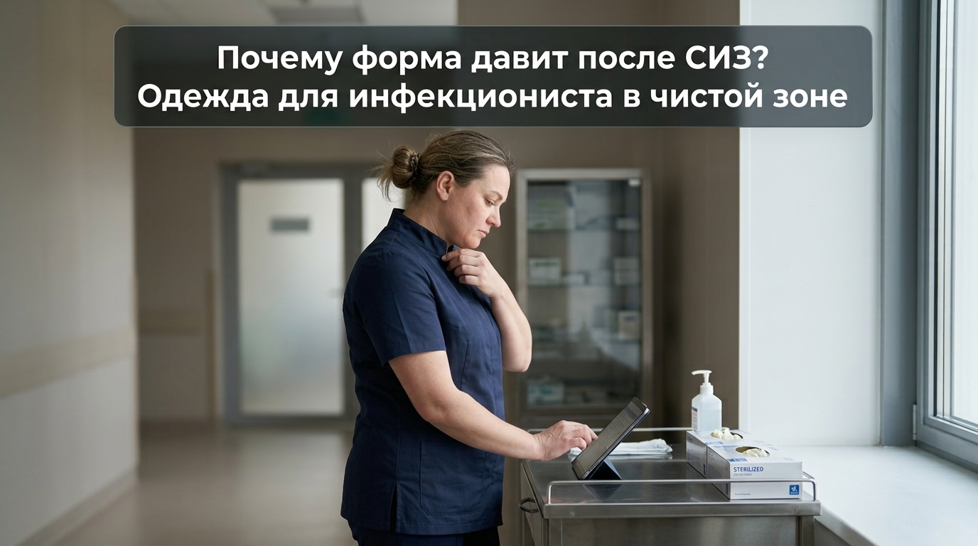 Инфекционист в чистой зоне в защитной форме после использования СИЗ