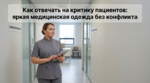 Врач в яркой медицинской одежде спокойно отвечает на критику пациента в кабинете