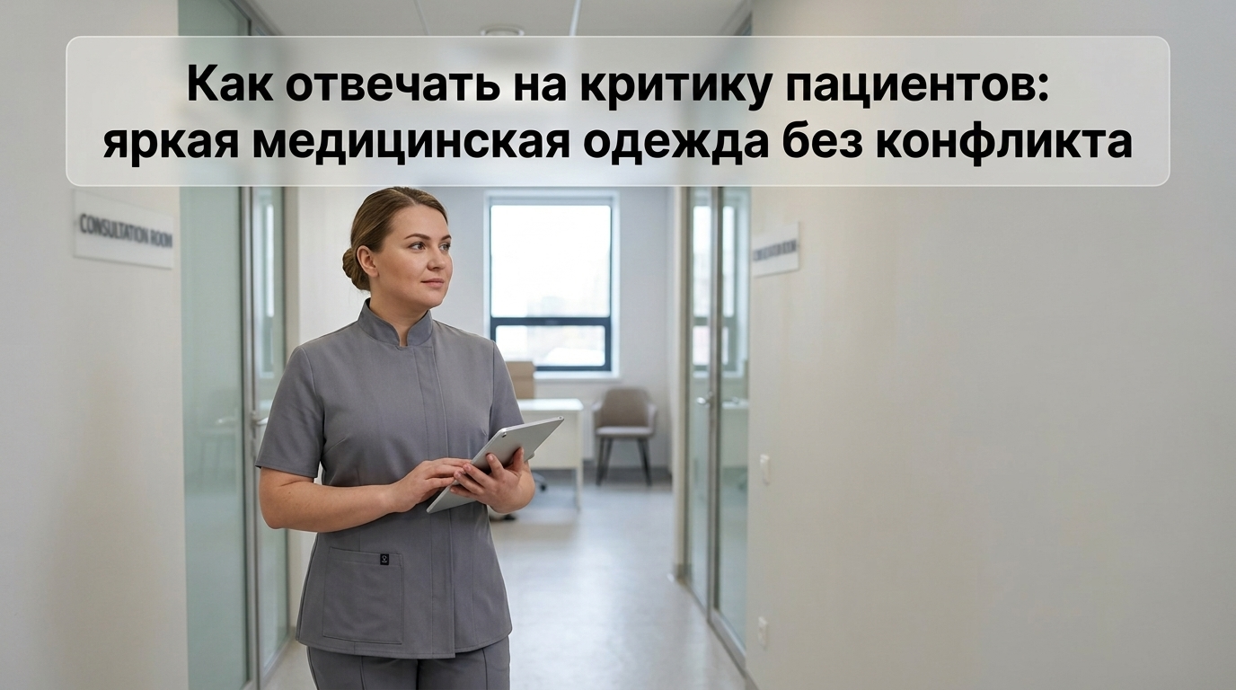 Врач в яркой медицинской одежде спокойно отвечает на критику пациента в кабинете