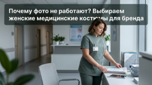 Женщина в медицинском костюме для бренда на нейтральном фоне