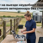 Конный ветеринар в удобной одежде на выезде рядом с лошадью