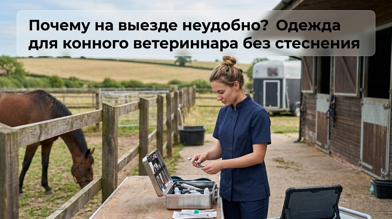 Конный ветеринар в удобной одежде на выезде рядом с лошадью