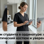 Молодой ординатор в цветном хирургическом хирургическом костюме демонстрирует уверенность в клинической обстановке