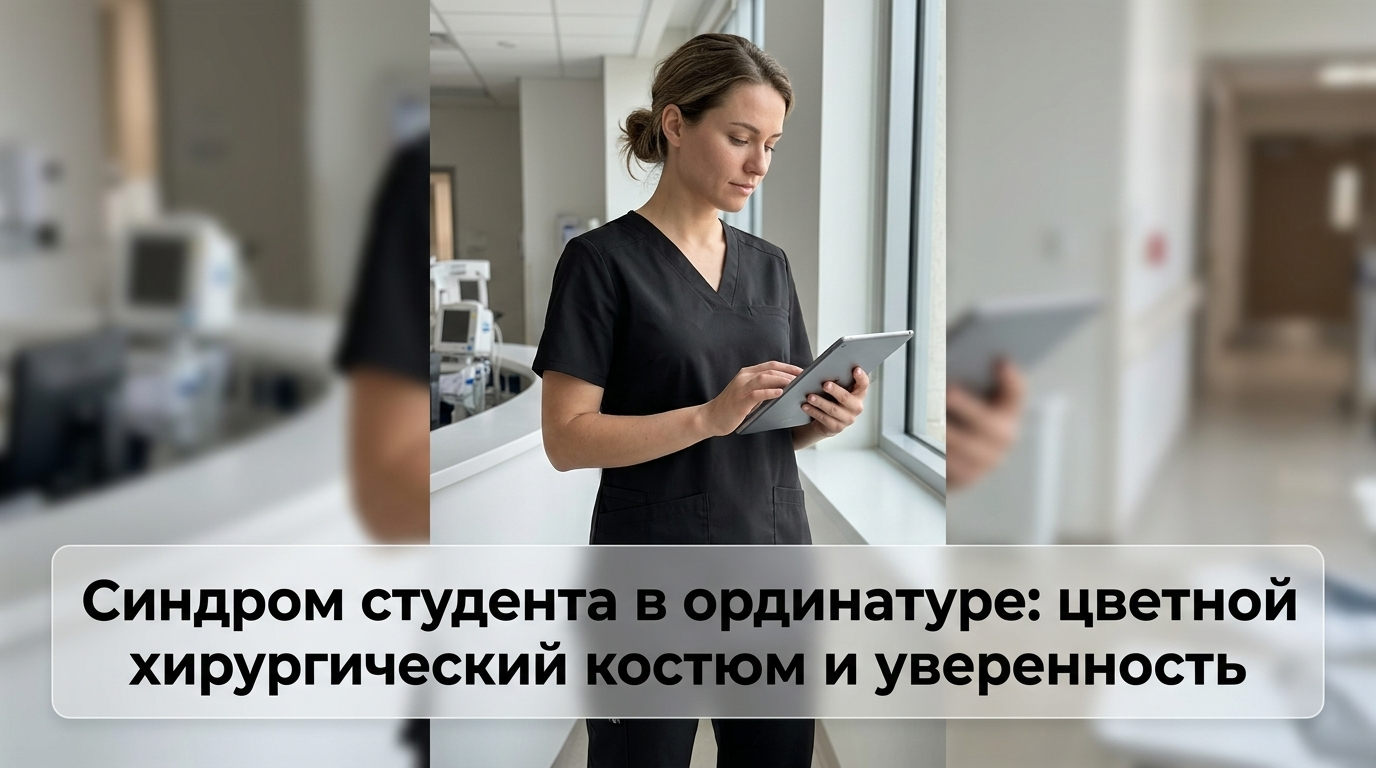 Молодой ординатор в цветном хирургическом хирургическом костюме демонстрирует уверенность в клинической обстановке