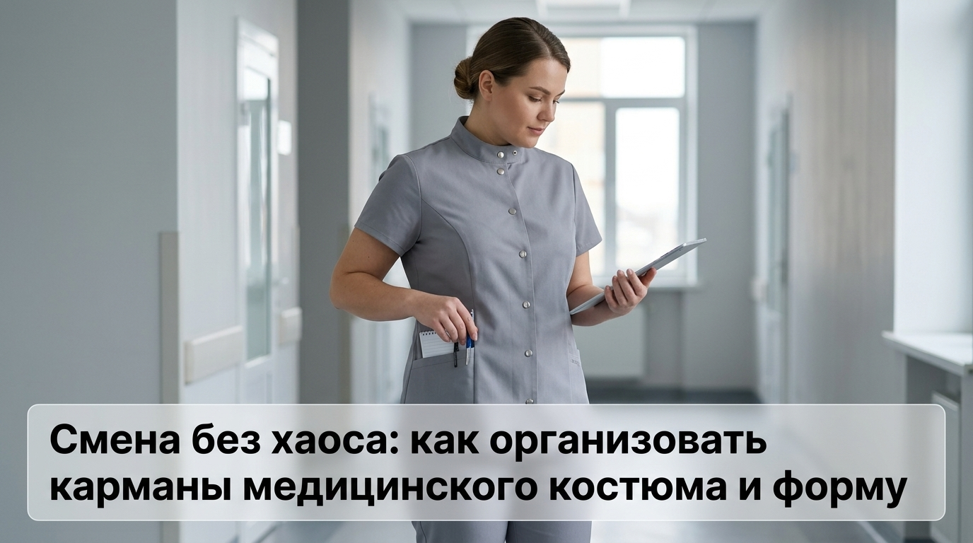 Медицинский работник организует карманы медицинского костюма и форму для удобной смены