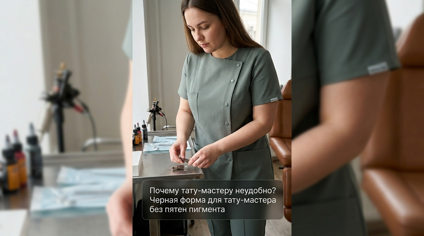 Тату-мастер в черной удобной форме без пятен пигмента
